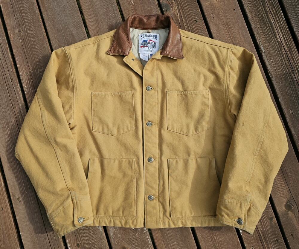Vintage Schaefer Outfitter Chore Coat Duck Canvas Mens Sz XL Leather Collar